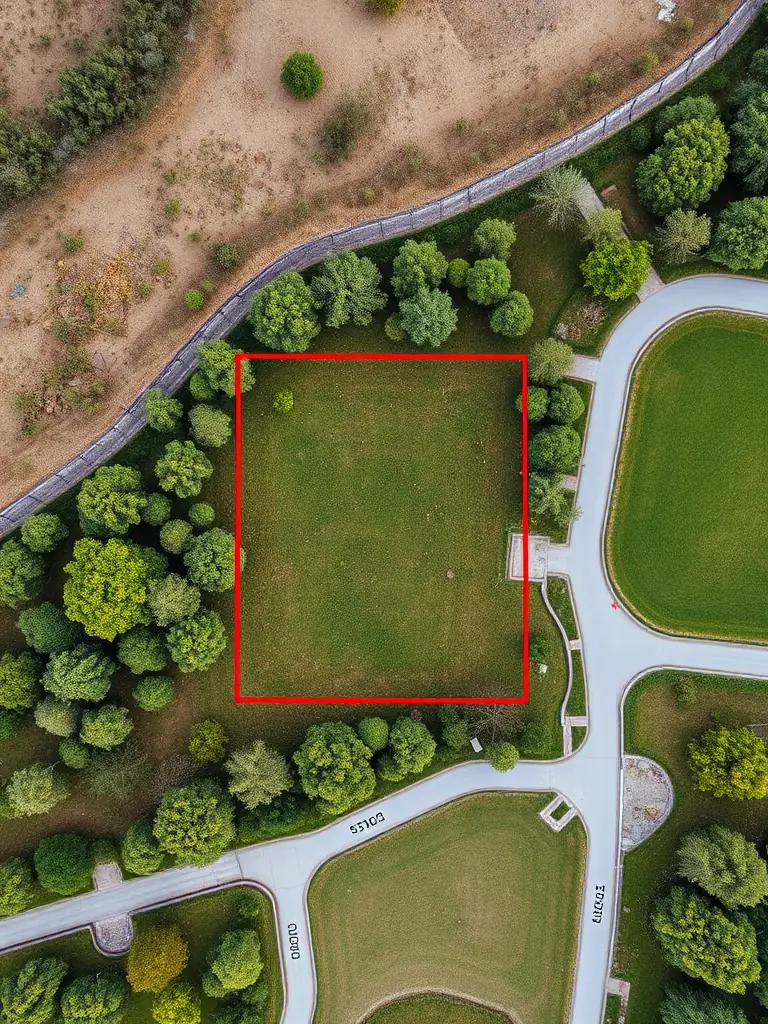 A high-resolution aerial photograph of a corner plot within Derekoop Yaşam Vadisi, showcasing its proximity to the communal green space and the surrounding natural landscape. The plot is clearly marked with boundary lines.