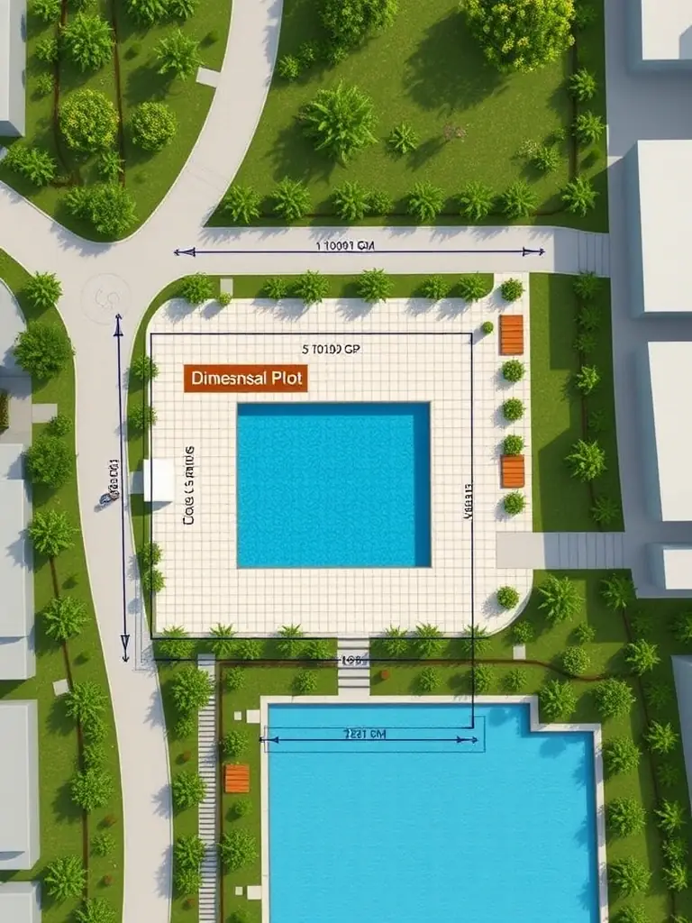 A detailed site plan rendering highlighting a plot located near the swimming pool in Derekoop Yaşam Vadisi. The rendering shows the plot's dimensions and its easy access to the pool area.