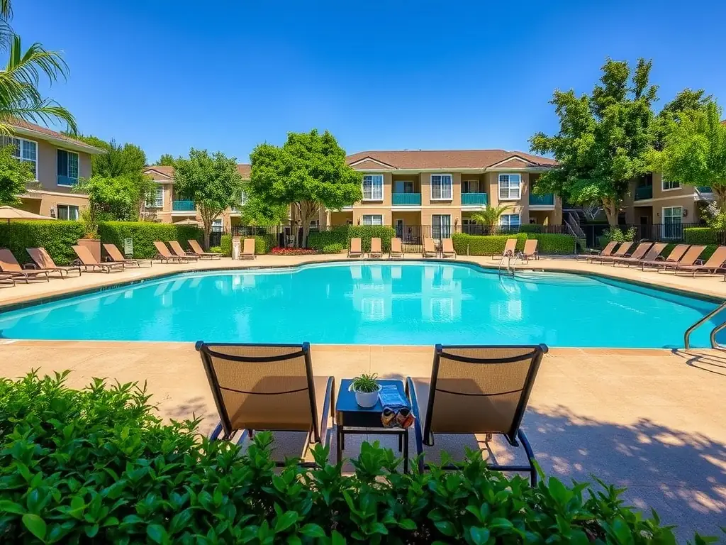 An image of the communal swimming pool and surrounding recreational area in Derekoop Yaşam Vadisi, highlighting the amenities available to residents.